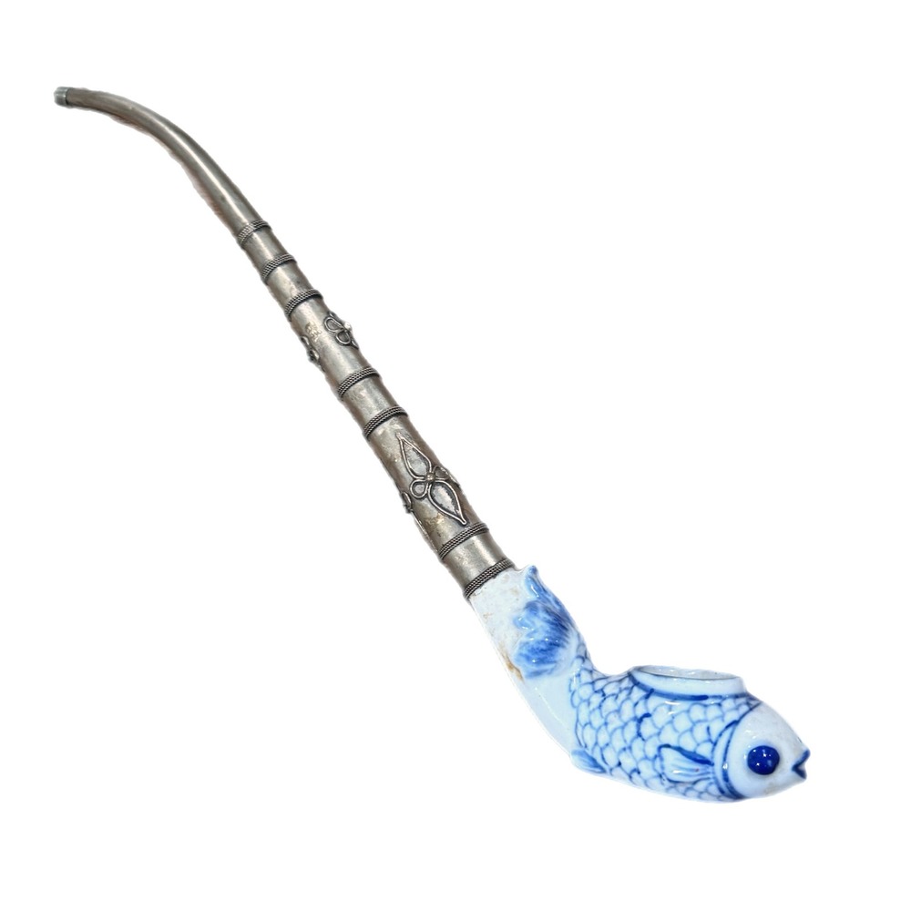 Vintage Blue White Porcelain Fish Tobacco Pipe Metal Stem Kiseru Style Asian Art
